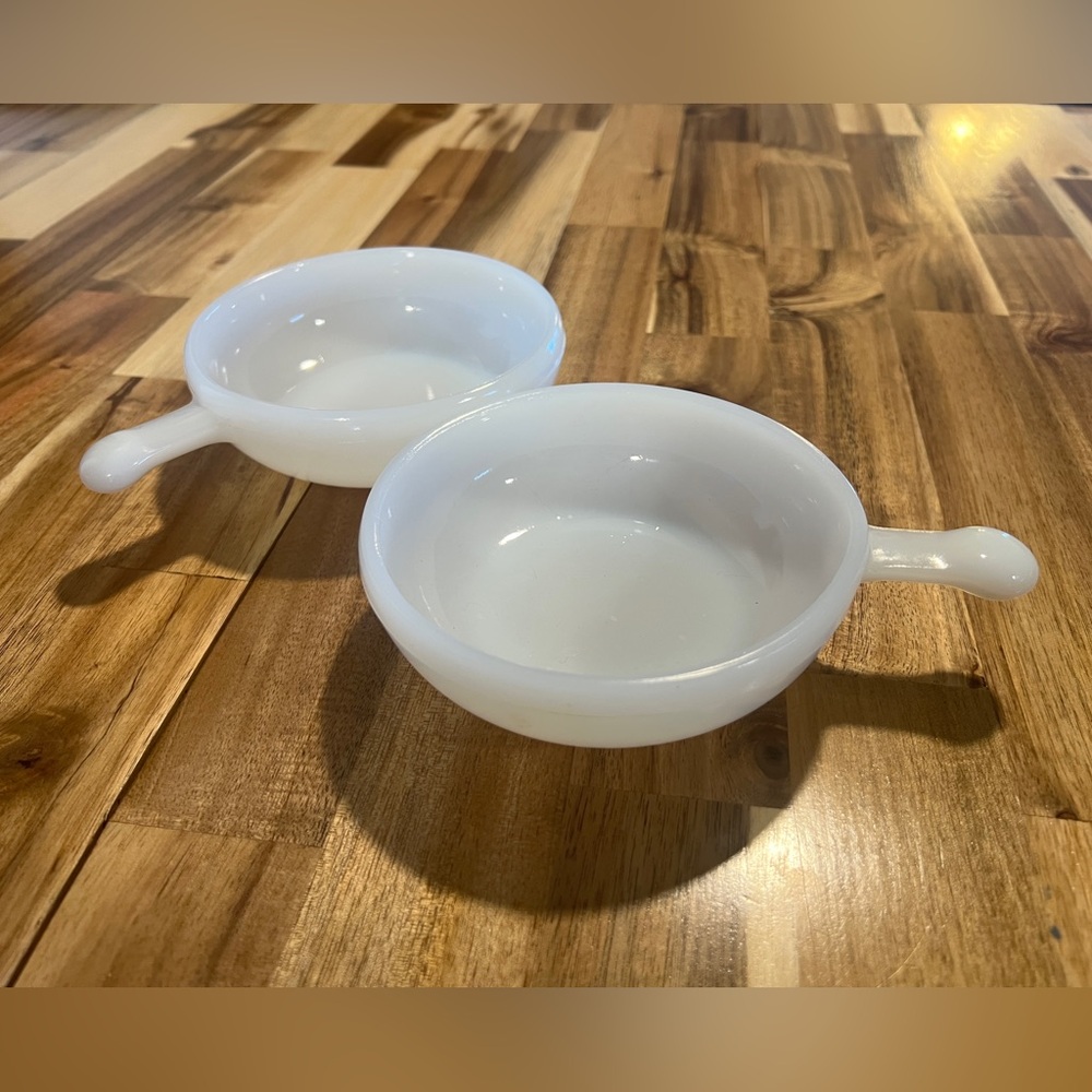 Lot of 2 Glasbake White Milk Glass Bowl Dish w/Handle 11oz Microwave Safe